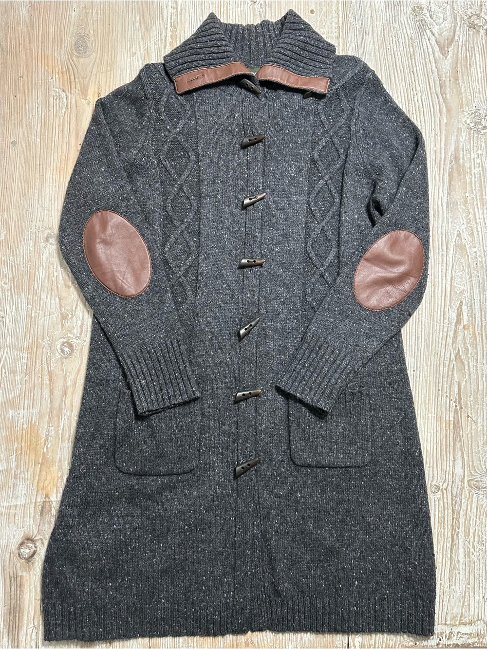VTG Eddie Bauer Wool Cashmere Longline Knit Toggle Sweater Coat Elbow Patches XL